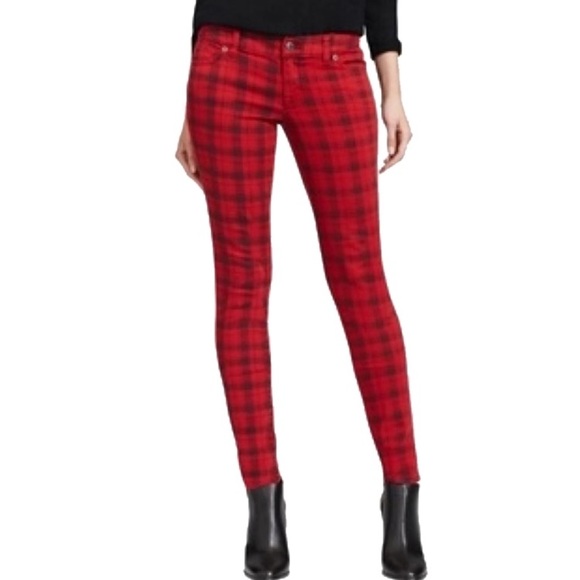 red plaid skinny jeans